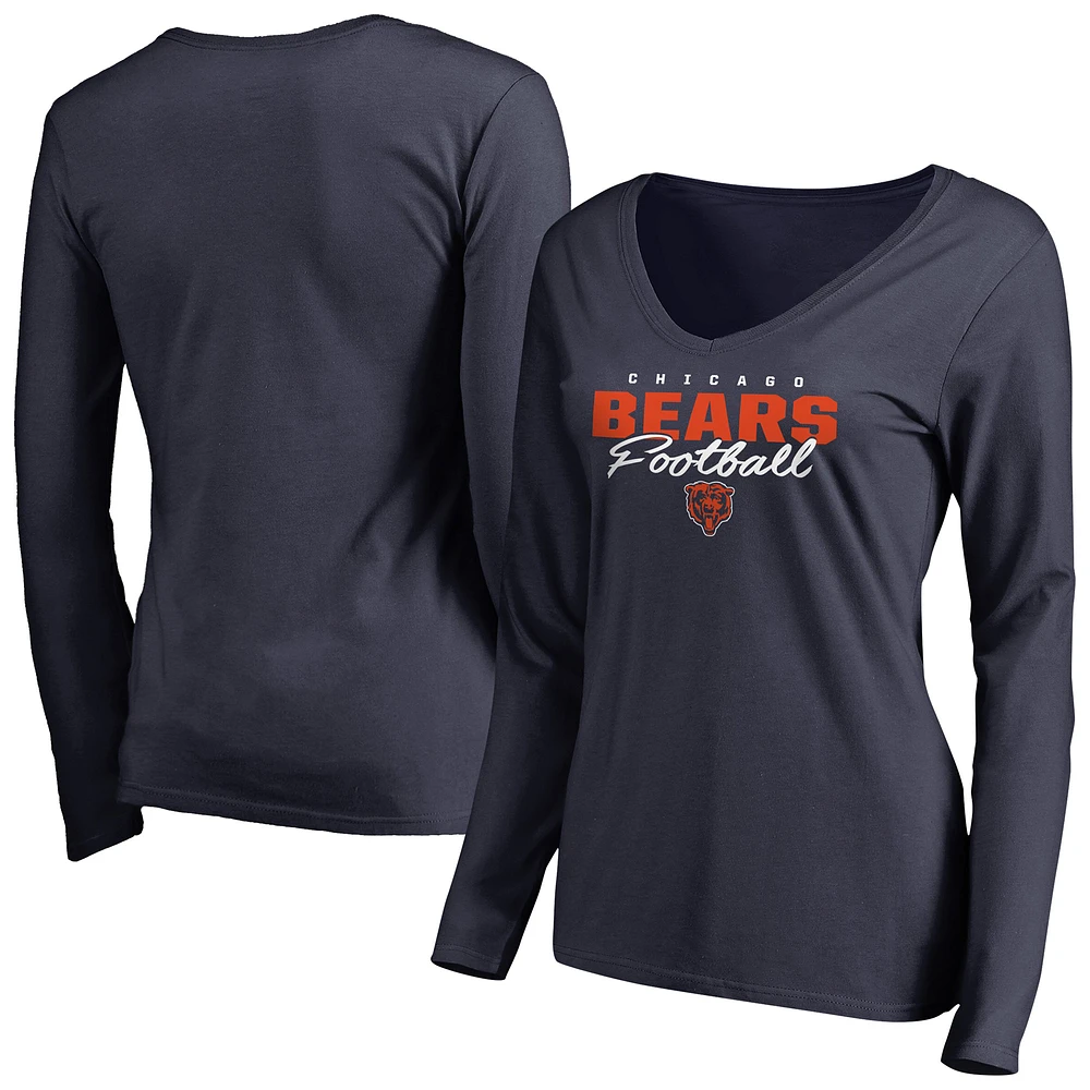 Women's Navy Chicago Bears Iconic Collection Script Assist Long Sleeve V-Neck T-Shirt