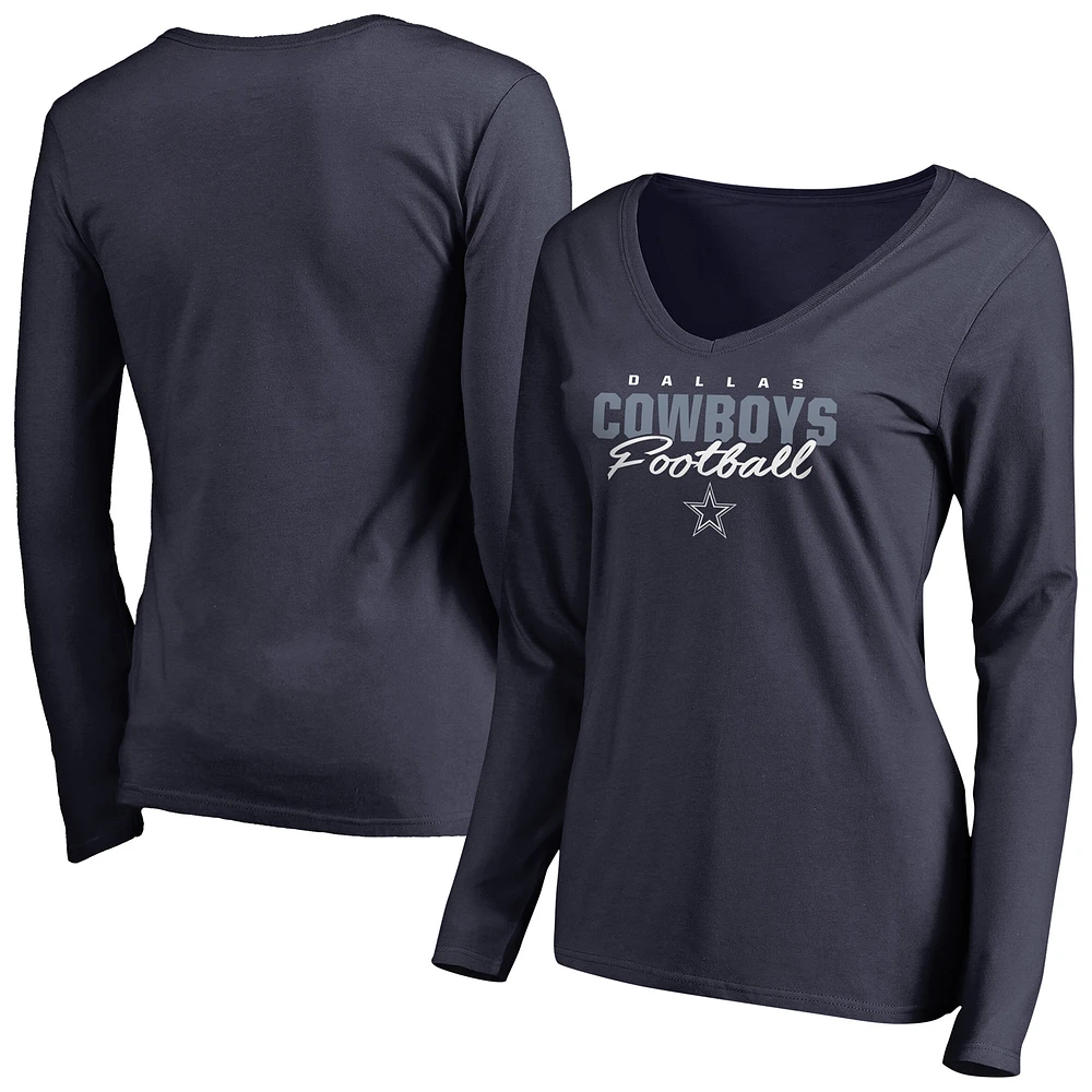 Women's Navy Dallas Cowboys Iconic Collection Script Assist Long Sleeve V-Neck T-Shirt