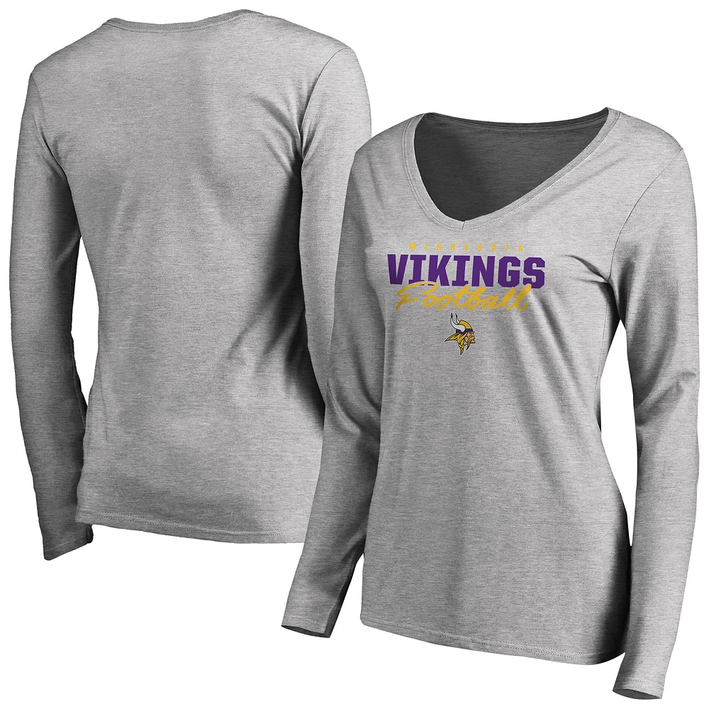 Women's Ash Minnesota Vikings Iconic Collection Script Assist Long Sleeve V-Neck T-Shirt