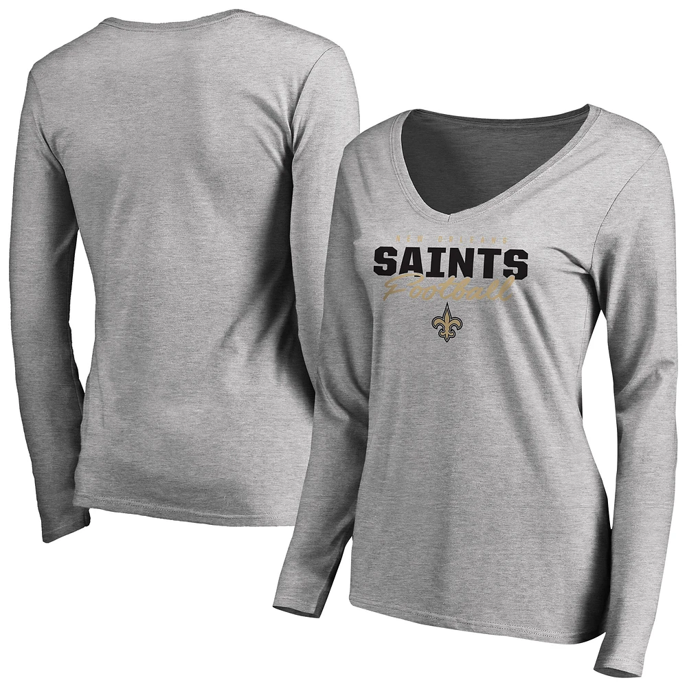 Women's Ash New Orleans Saints Iconic Collection Script Assist Long Sleeve V-Neck T-Shirt