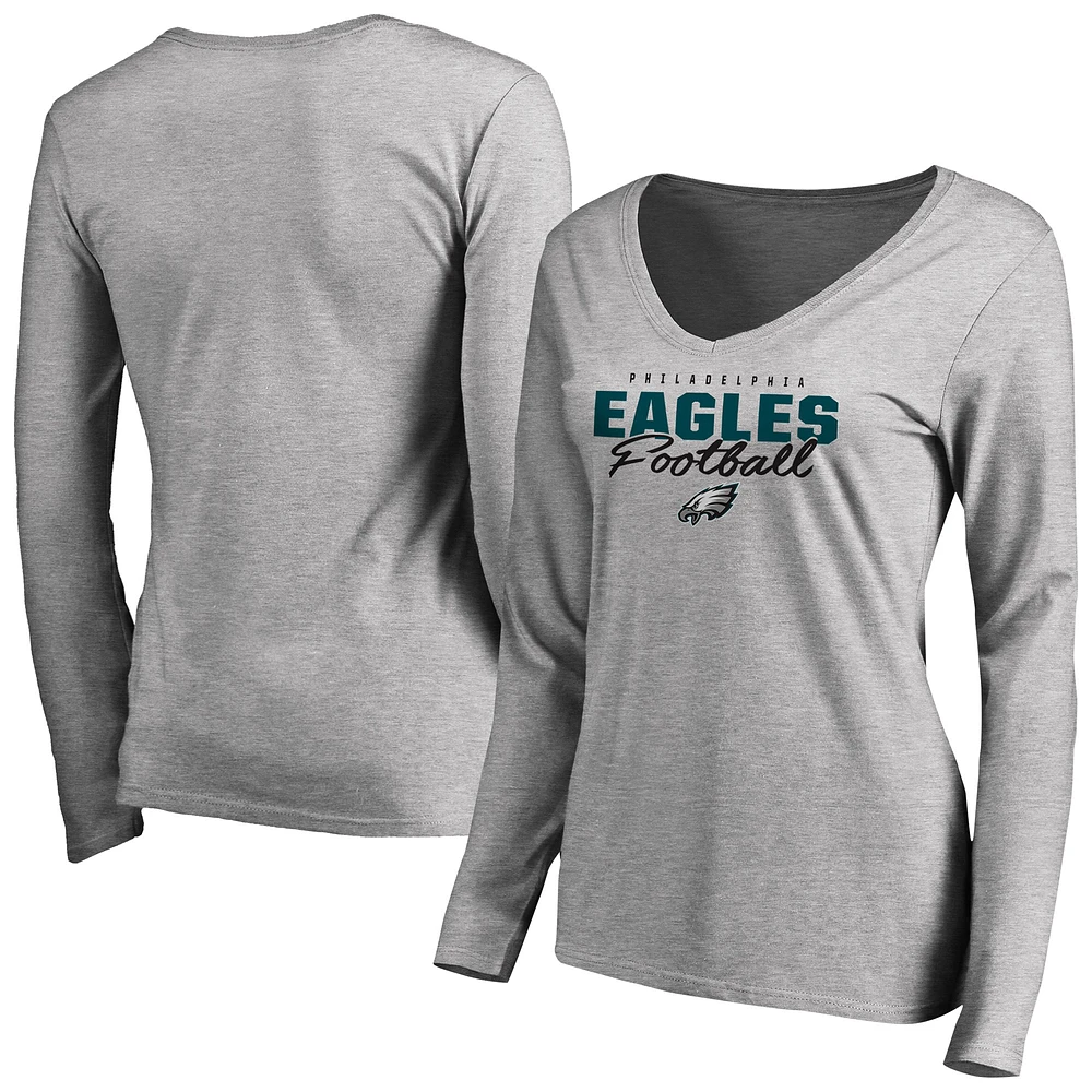Women's Ash Philadelphia Eagles Iconic Collection Script Assist Long Sleeve V-Neck T-Shirt