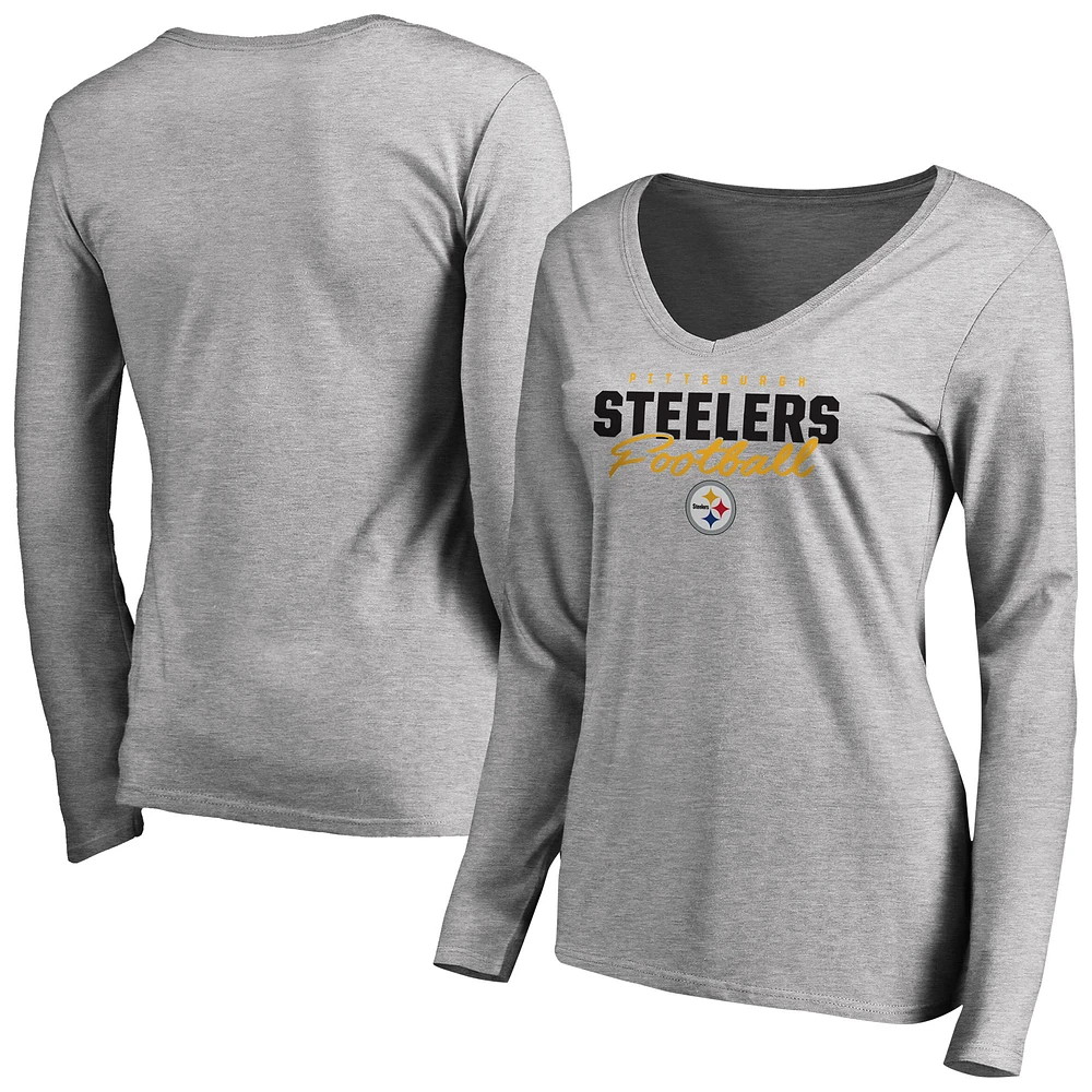Women's Ash Pittsburgh Steelers Iconic Collection Script Assist Long Sleeve V-Neck T-Shirt
