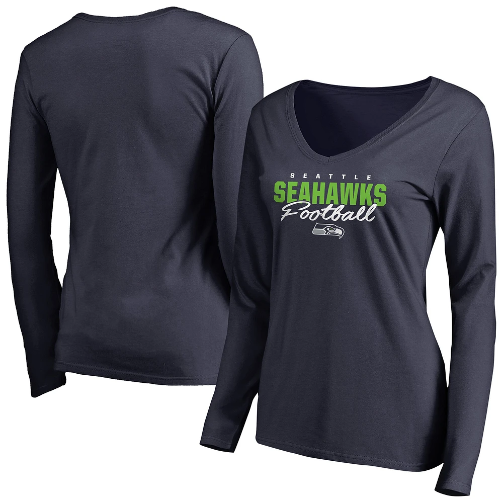 Women's College Navy Seattle Seahawks Iconic Collection Script Assist Long Sleeve V-Neck T-Shirt