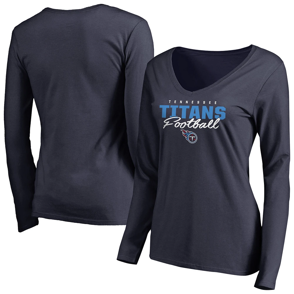Women's Navy Tennessee Titans Iconic Collection Script Assist Long Sleeve V-Neck T-Shirt