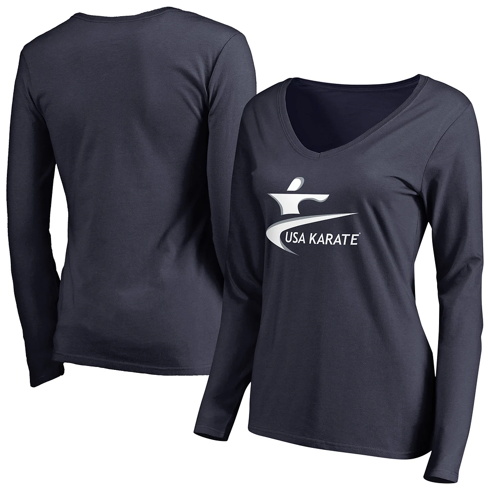 Women's Navy USA Karate Primary Logo V-Neck Long Sleeve T-Shirt