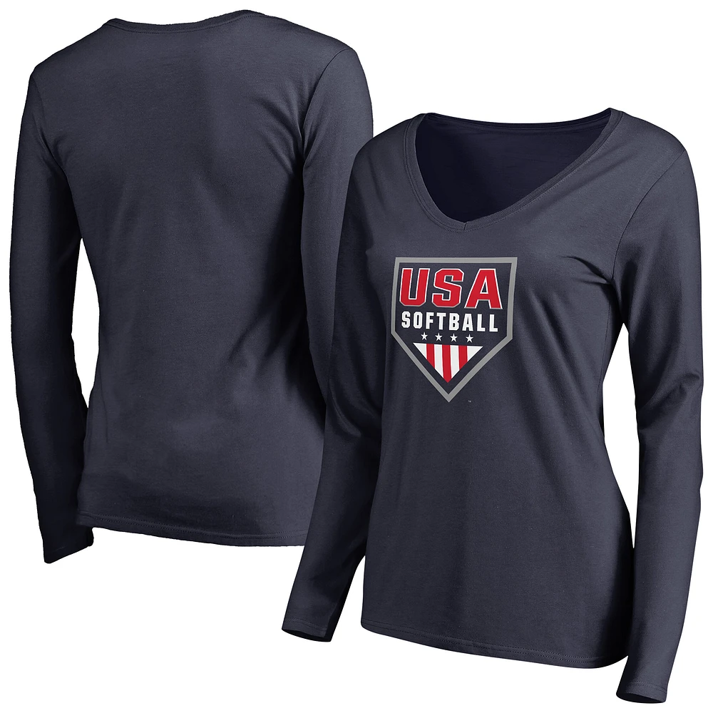 Women's Navy USA Softball Primary Logo V-Neck Long Sleeve T-Shirt