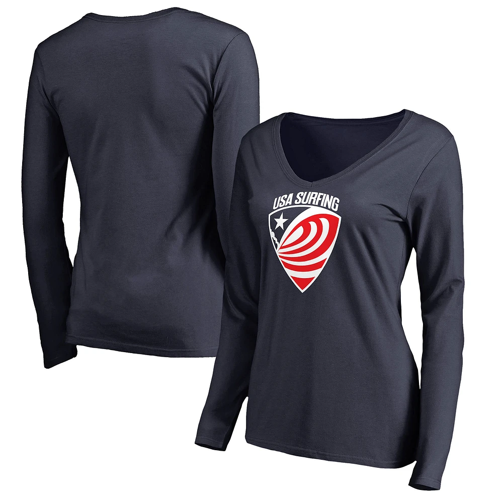 Women's Navy USA Surfing Primary Logo Long Sleeve V-Neck T-Shirt