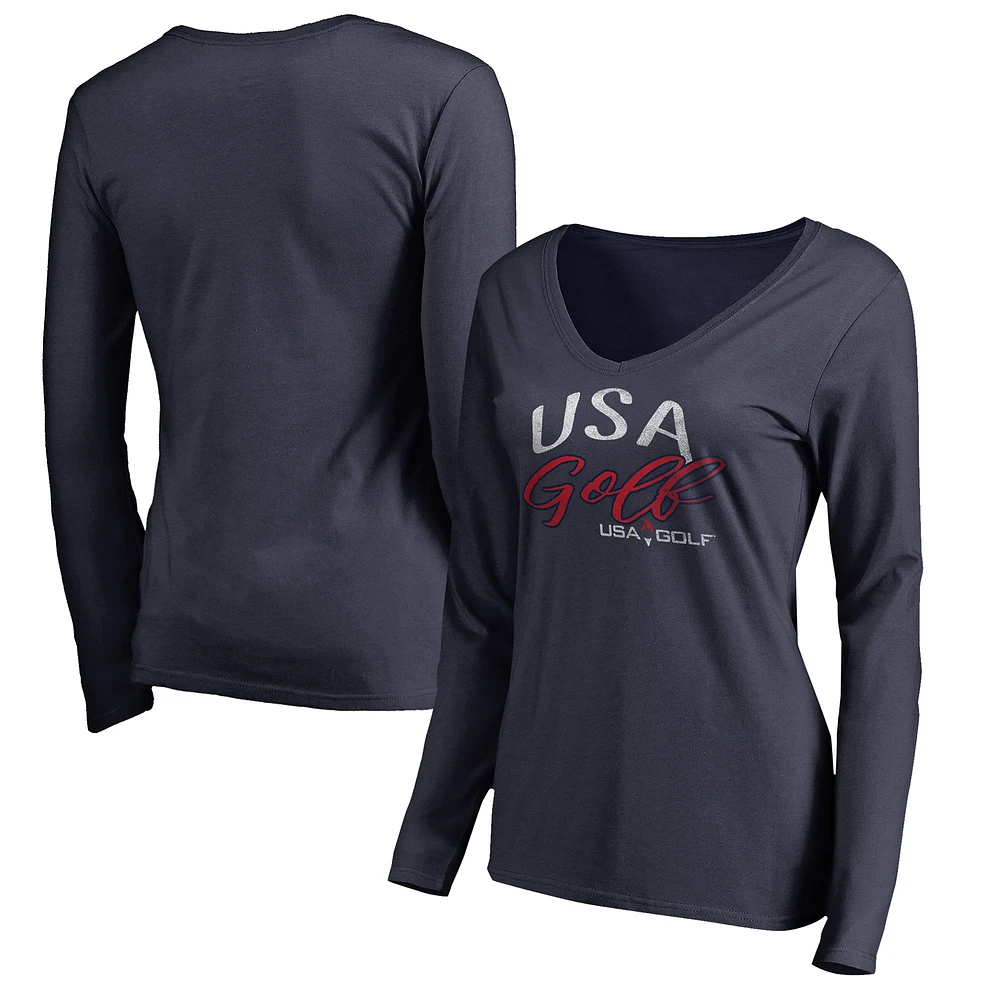 Women's Navy USA Golf Graceful Long Sleeve V-Neck T-Shirt
