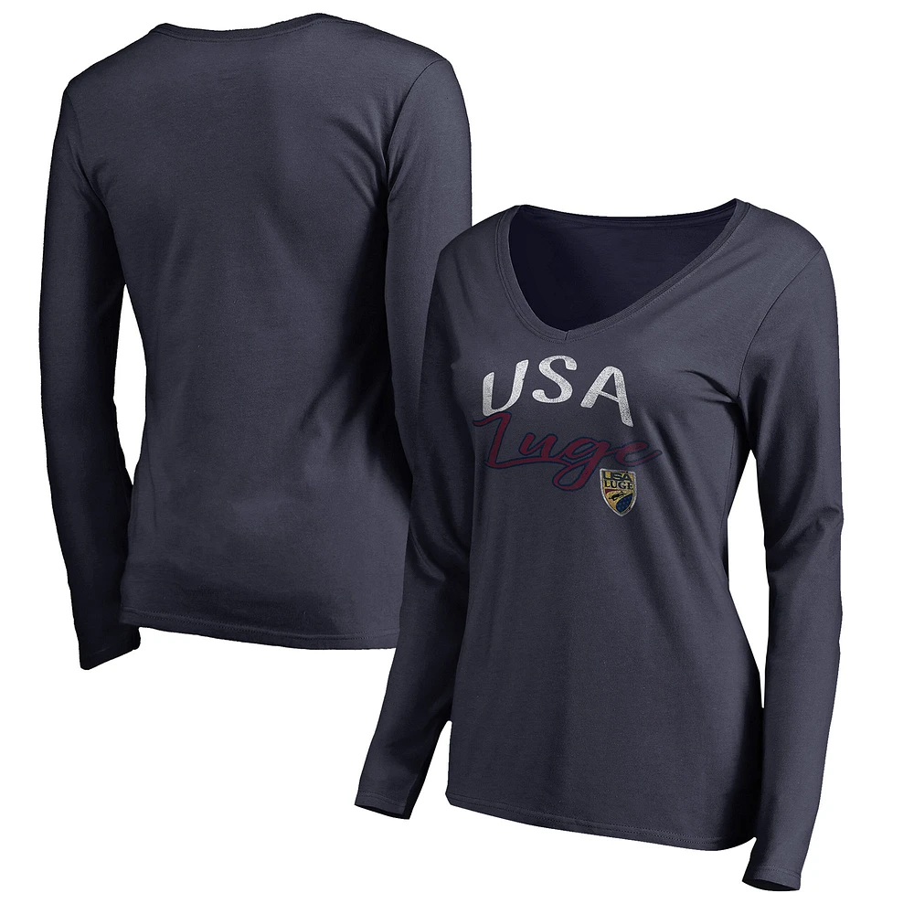 Women's Navy USA Luge Graceful Long Sleeve V-Neck T-Shirt