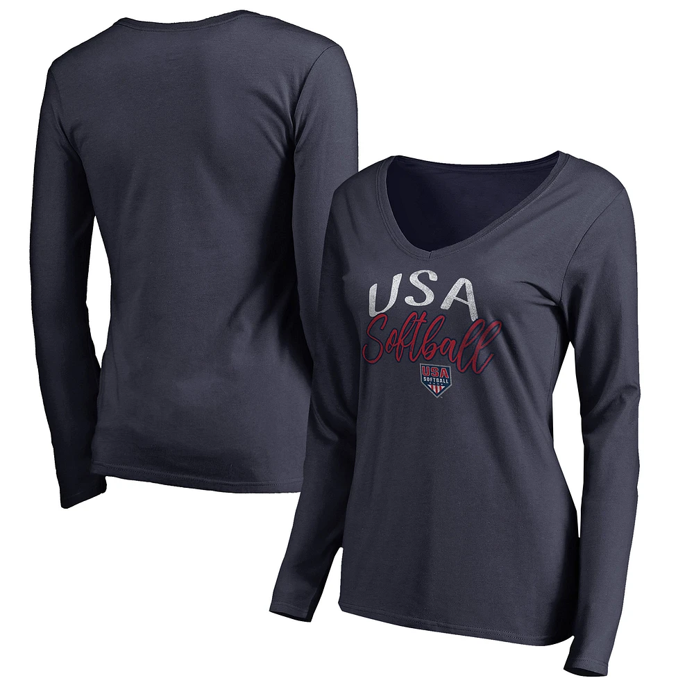 Women's Navy USA Softball Graceful Long Sleeve V-Neck T-Shirt