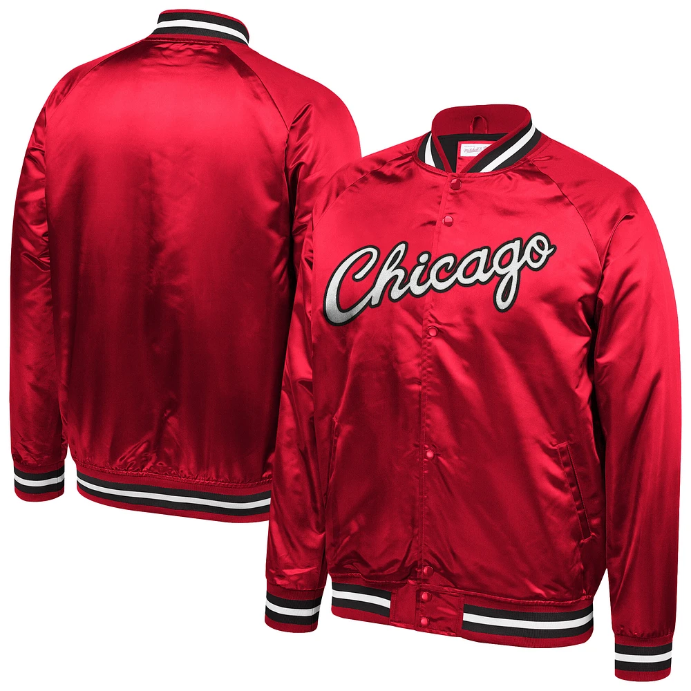 Men's Mitchell & Ness Red Chicago Bulls Hardwood Classics Throwback Wordmark Satin Jacket