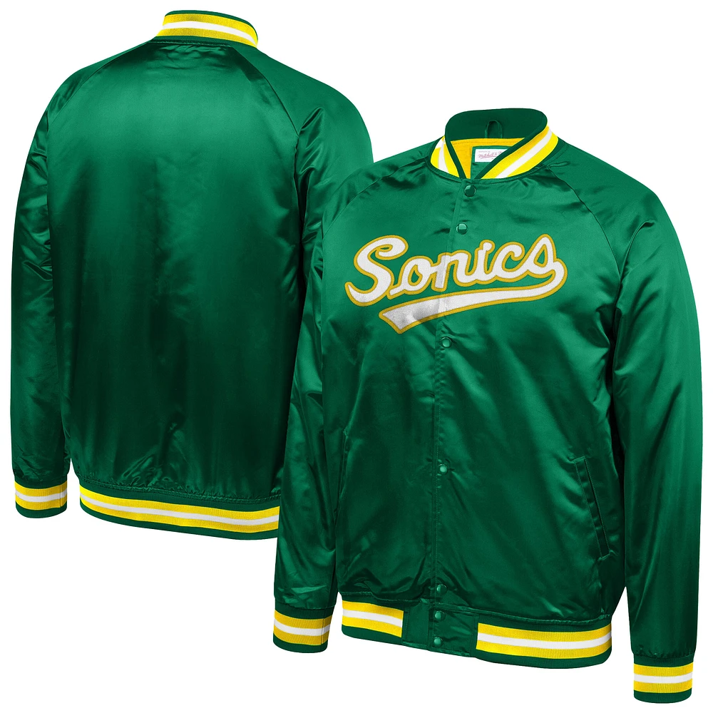 Men's Mitchell & Ness Green Seattle SuperSonics Hardwood Classics Throwback Wordmark Satin Jacket