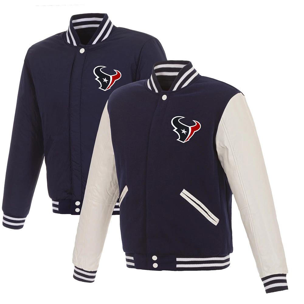 Men's JH Design Navy/White Houston Texans 19 Mens Reversible Fleece Jacket W/ Faux Leather Sleeves
