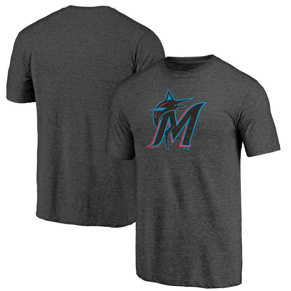 Men's Fanatics Charcoal Miami Marlins Weathered Official Logo Tri-Blend T-Shirt
