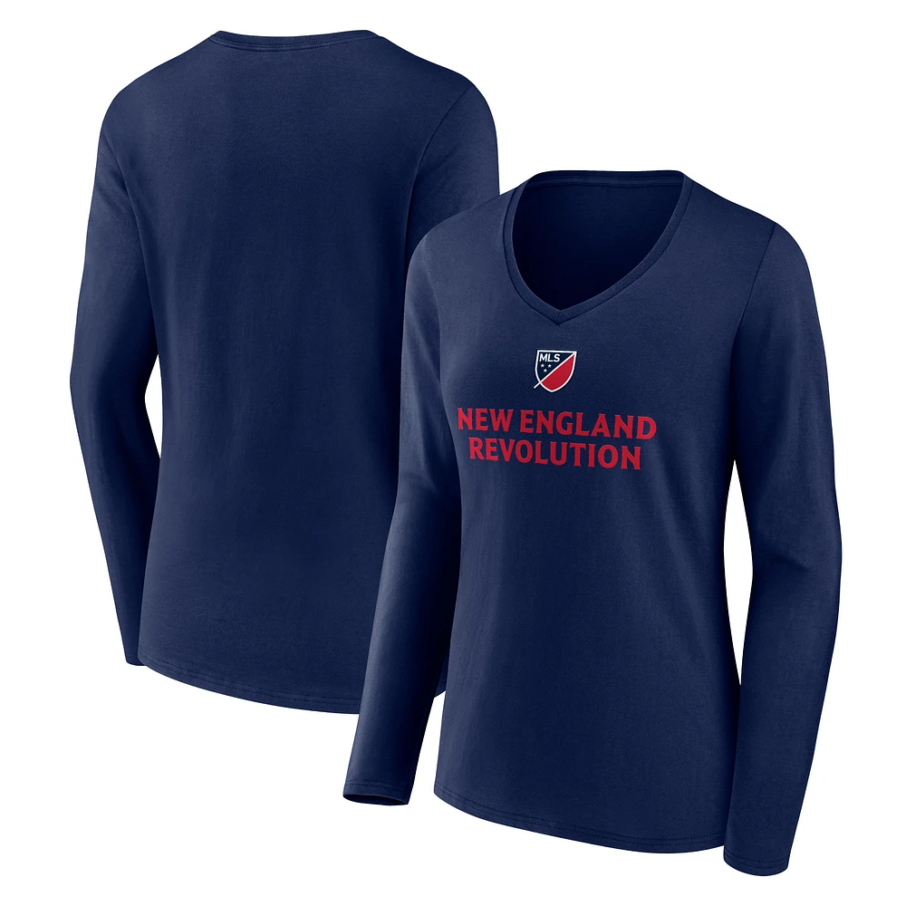 Women's Navy New England Revolution Shielded Long Sleeve V-Neck T-Shirt