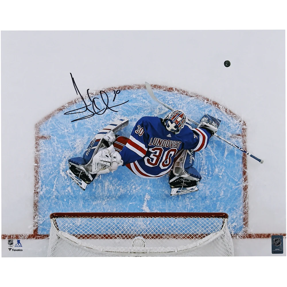 Henrik Lundqvist New York Rangers Autographed 16" x 20" Overhead Blocker Save Photograph