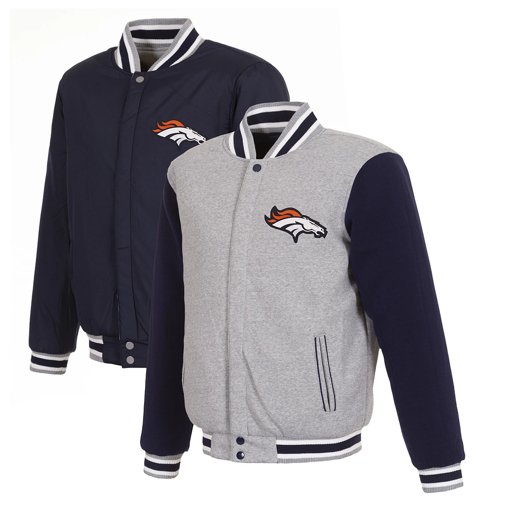 Men's JH Design Gray/Navy Denver Broncos Reversible Fleece Full-Snap Jacket