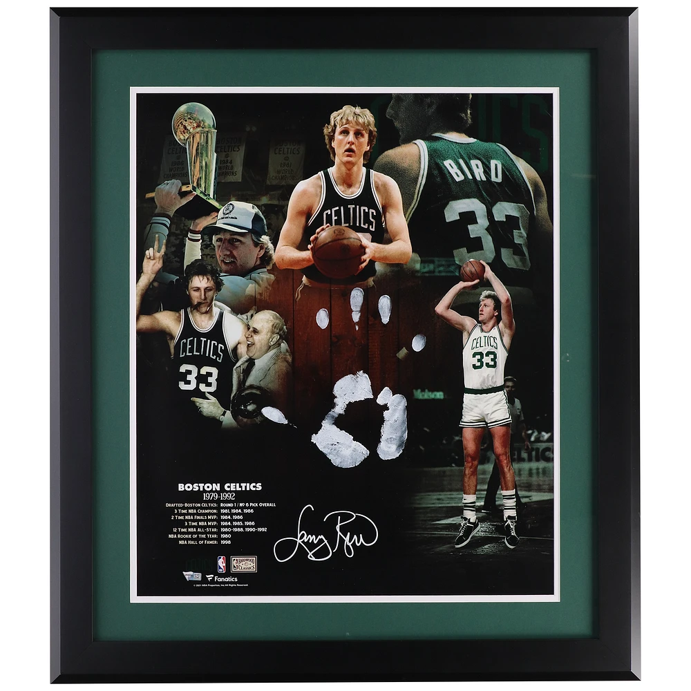 Larry Bird Boston Celtics Autographed 20" x 24" Career Collage with White Acrylic Paint Hand Print