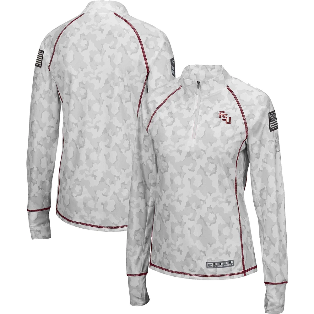 Women's Colosseum White Florida State Seminoles OHT Military Appreciation Officer Arctic Camo Fitted Lightweight 1/4-Zip Jacket