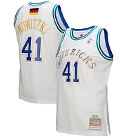 Men's Mitchell & Ness Dirk Nowitzki White Dallas Mavericks 1998/2019 Hardwood Classics German Flag Swingman Jersey