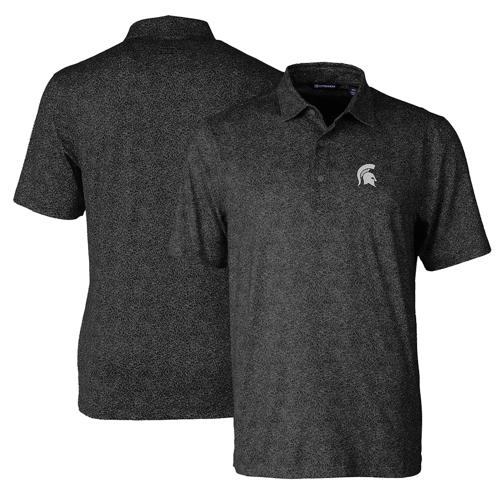 Men's Cutter & Buck Black Michigan State Spartans Pike Constellation Print Stretch Polo