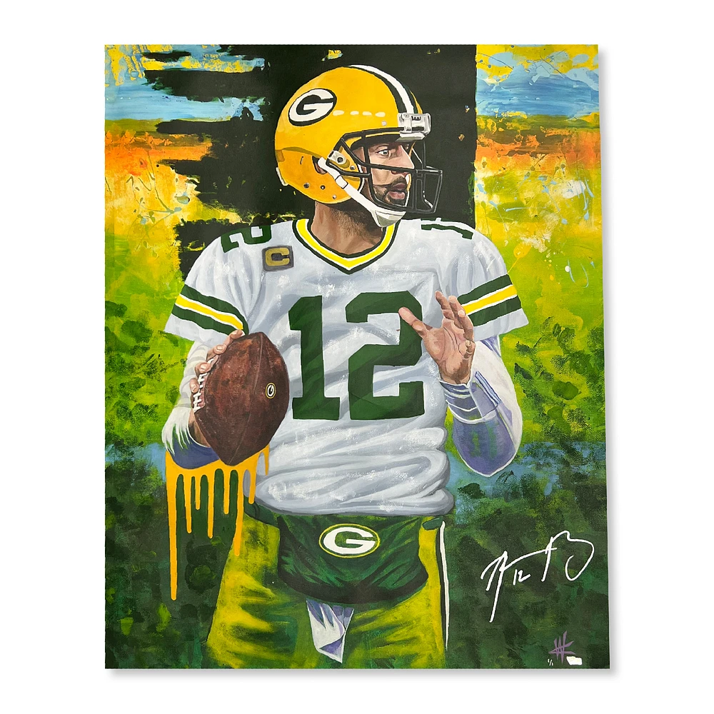 Aaron Rodgers Green Bay Packers Autographed Stretched 30" x 40" Embellished Canvas Giclee Print - Art by Cortney Wall - #1 of Limited Edition 1 - White & Green