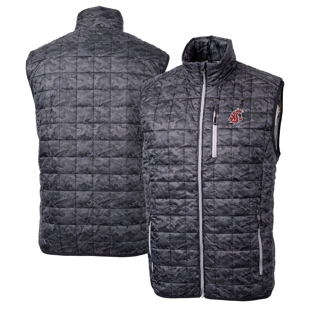 Men's Cutter & Buck Black Washington State Cougars Rainier PrimaLoft Eco Insulated Printed Full-Zip Puffer Vest