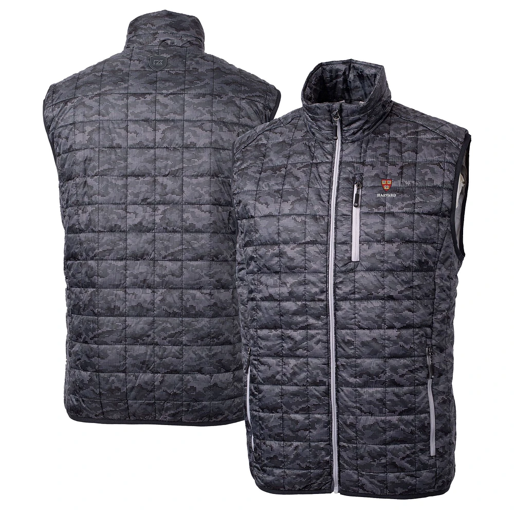 Men's Cutter & Buck Black Harvard Crimson Rainier PrimaLoft Eco Insulated Printed Full-Zip Puffer Vest