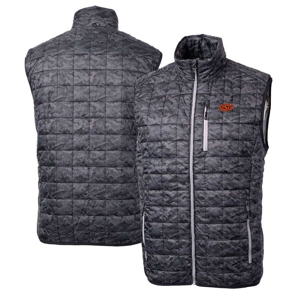 Men's Cutter & Buck Black Oklahoma State Cowboys Rainier PrimaLoft Eco Insulated Printed Full-Zip Puffer Vest