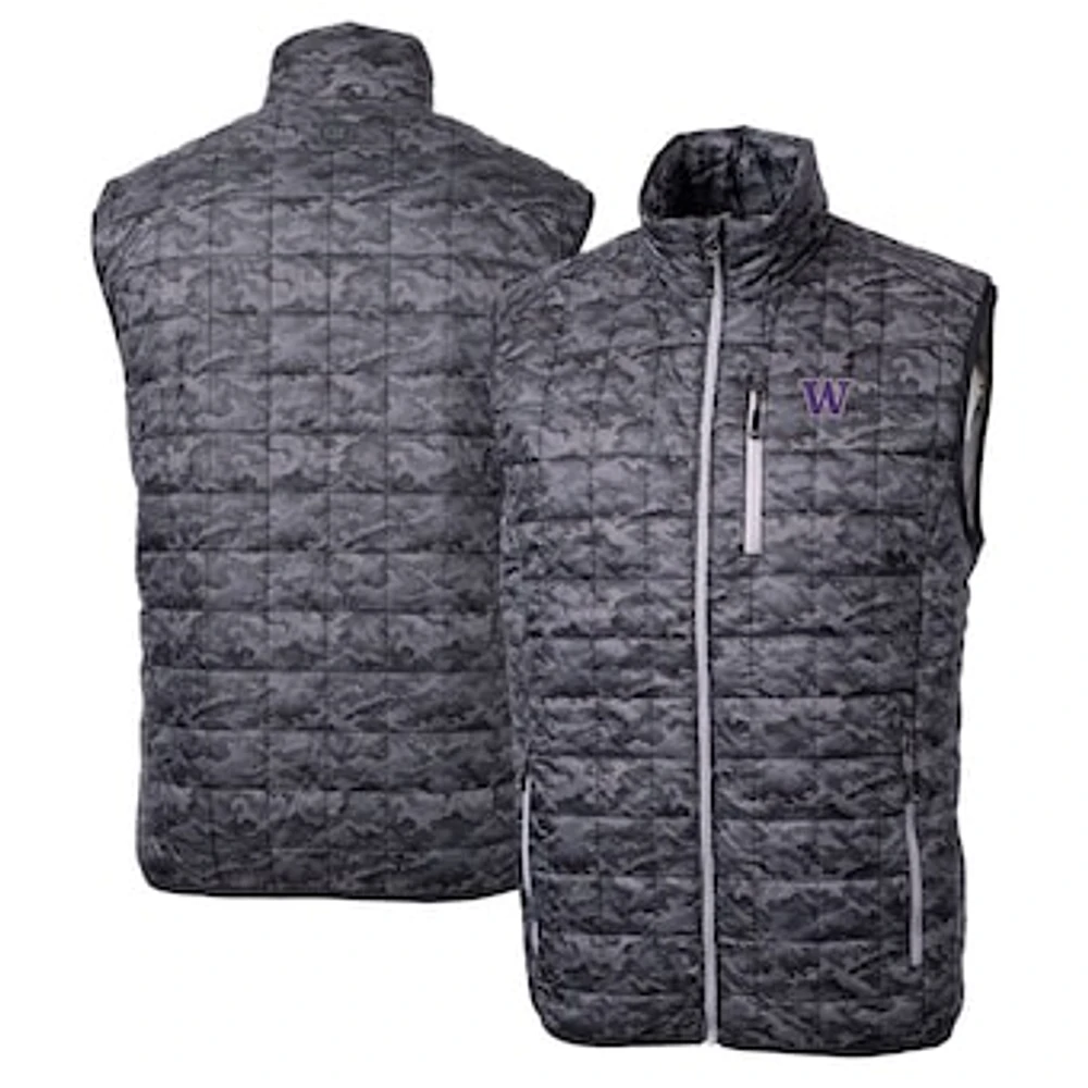 Men's Cutter & Buck Black Washington Huskies Rainier PrimaLoft Eco Insulated Printed Full-Zip Puffer Vest