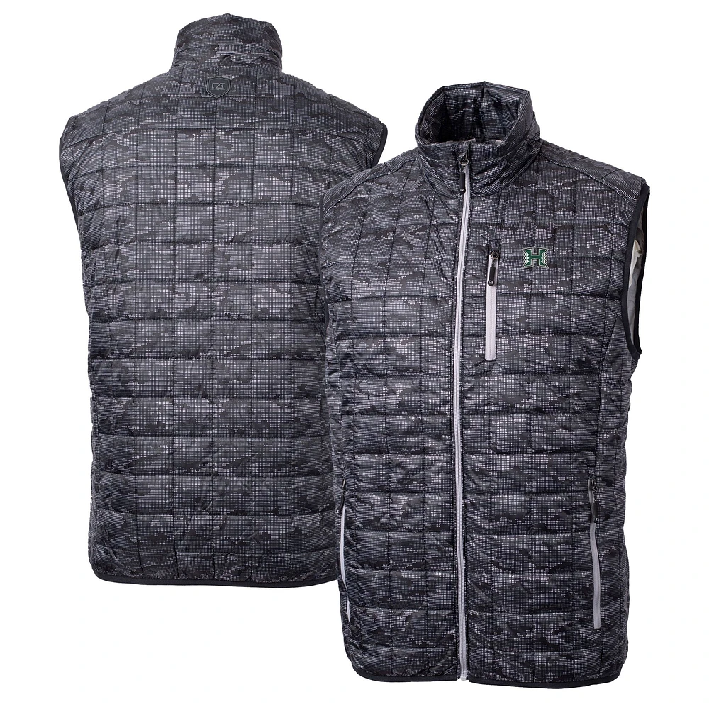 Men's Cutter & Buck Black Hawaii Rainbow Warriors Rainier PrimaLoft Eco Insulated Printed Full-Zip Puffer Vest