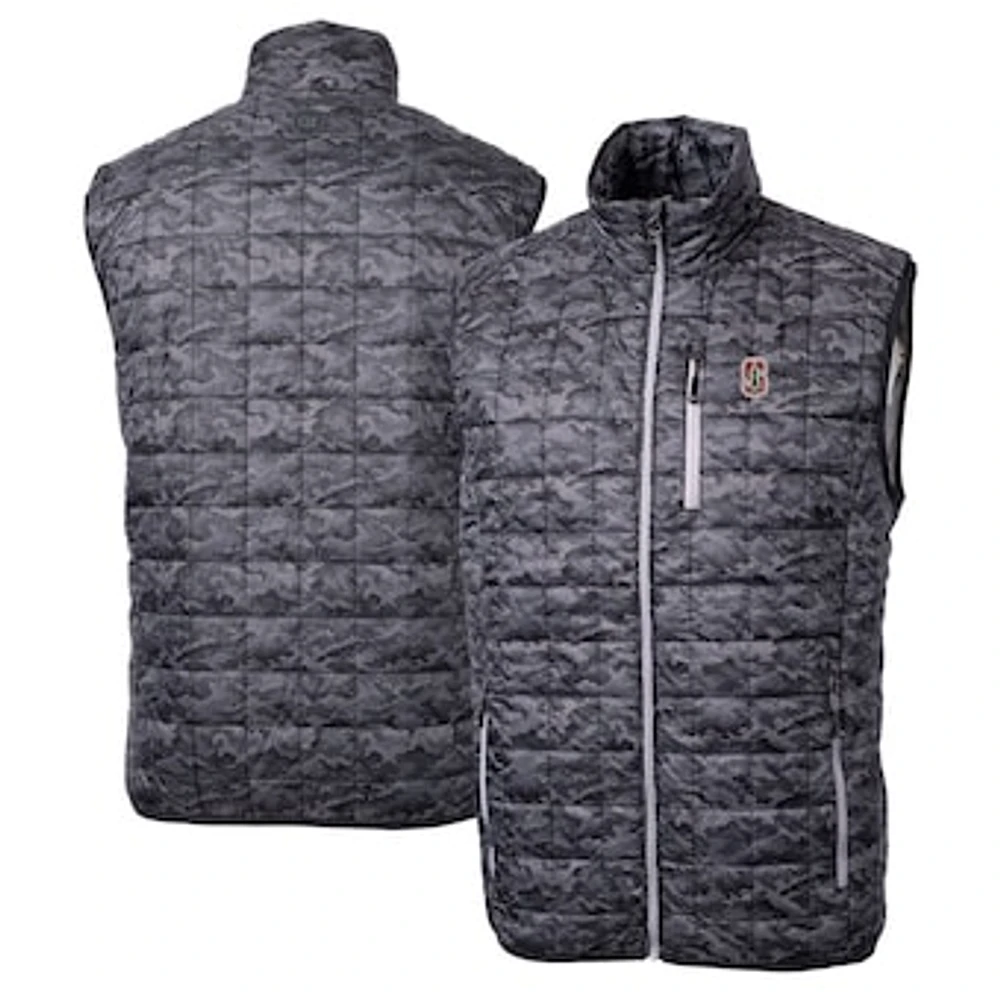 Men's Cutter & Buck Black Stanford Cardinal Rainier PrimaLoft Eco Insulated Printed Full-Zip Puffer Vest