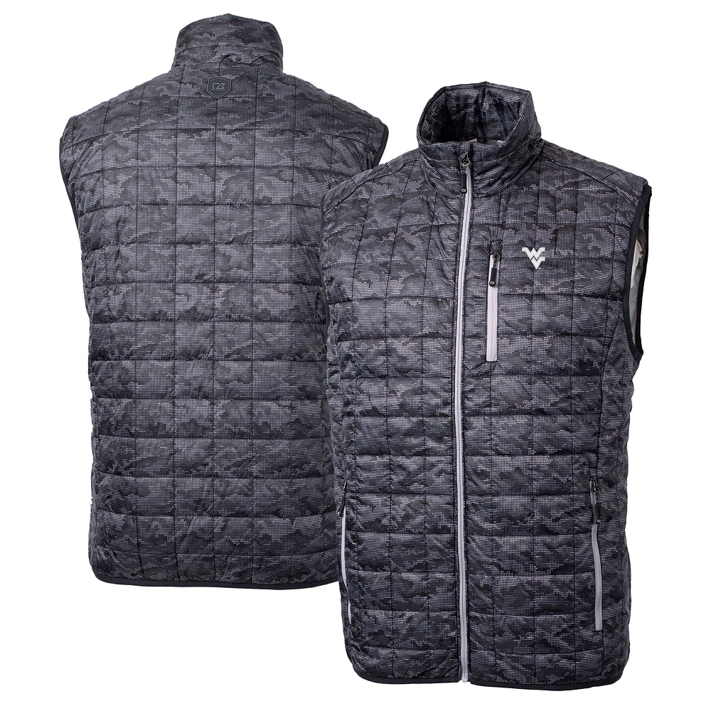 Men's Cutter & Buck Black West Virginia Mountaineers Rainier PrimaLoft Eco Insulated Printed Full-Zip Puffer Vest