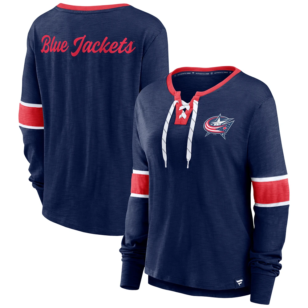 Women's Fanatics Navy Columbus Blue Jackets Effervescent Exclusive Notch Neck Lace-Up Long Sleeve Slub T-Shirt