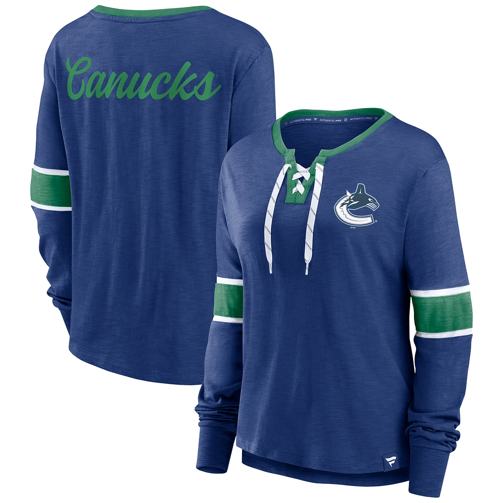 Women's Fanatics Blue Vancouver Canucks Effervescent Exclusive Notch Neck Lace-Up Long Sleeve Slub T-Shirt
