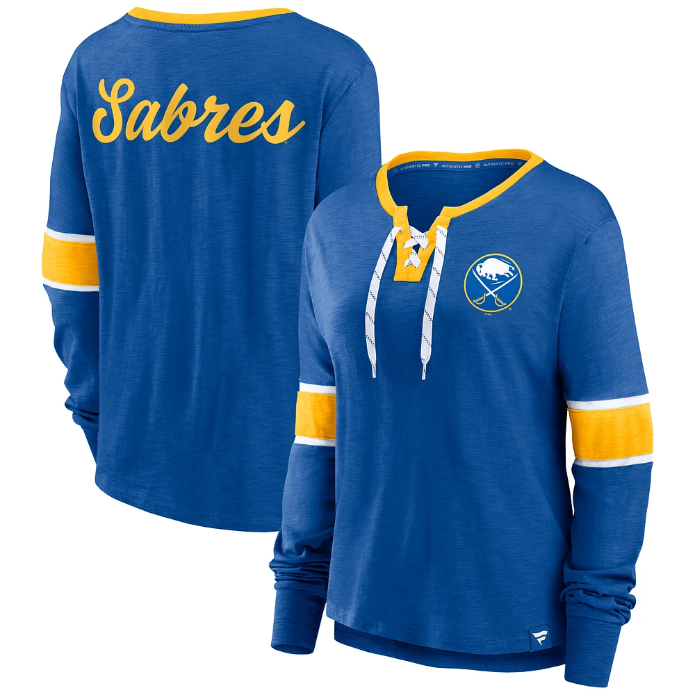 Women's Fanatics Royal Buffalo Sabres Effervescent Exclusive Notch Neck Lace-Up Long Sleeve Slub T-Shirt