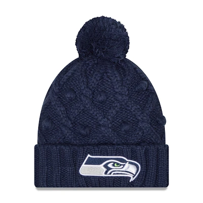 Girls Youth New Era College Navy Seattle Seahawks Toasty Cuffed Knit Hat with Pom