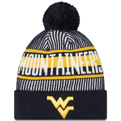 Men's New Era Navy West Virginia Mountaineers Logo Striped Cuff Knit Hat with Pom