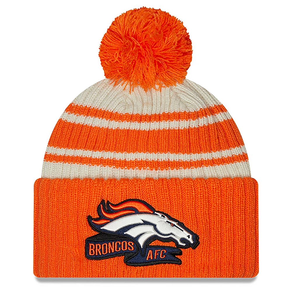 Men's New Era Cream/Orange Denver Broncos 2022 Sideline Sport Cuffed Pom Knit Hat