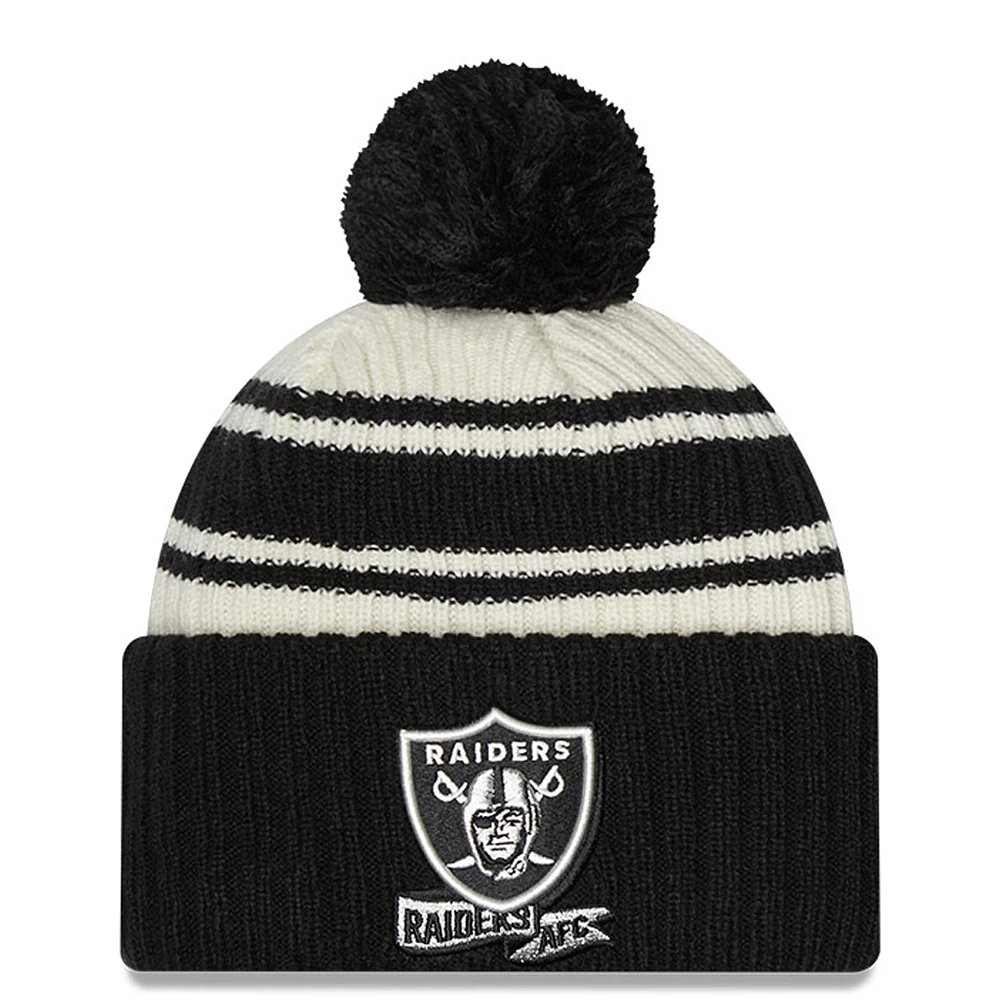 Youth New Era Cream/Black Las Vegas Raiders 2022 Sideline Sport Cuffed Pom Knit Hat