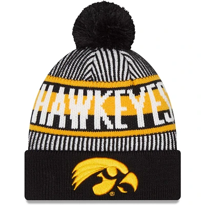 Men's New Era Black Iowa Hawkeyes Logo Striped Cuff Knit Hat with Pom