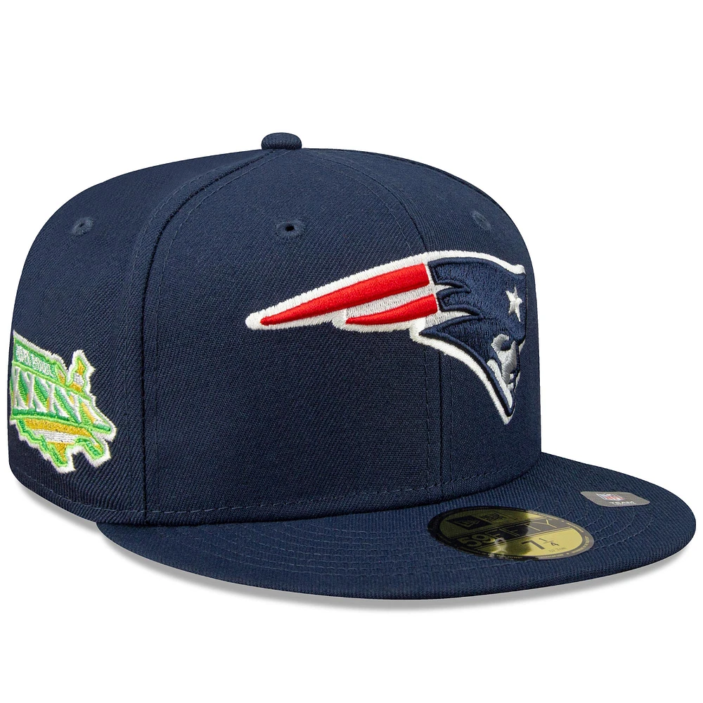 Men's New Era Navy New England Patriots Super Bowl XXXVi Citrus Pop 59FIFTY Fitted Hat