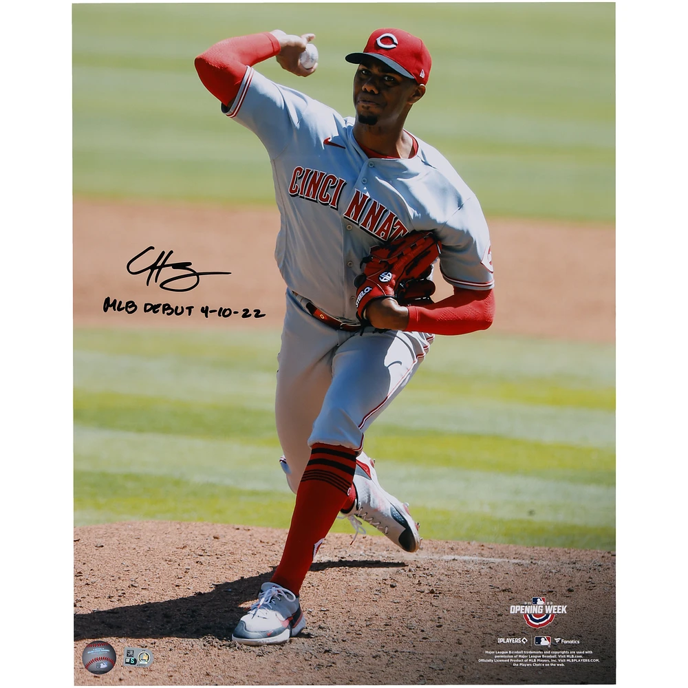 Hunter Greene Cincinnati Reds Autographed 16" x 20" Debut Pitching Photograph with "MLB Debut 4-10-22" Inscription