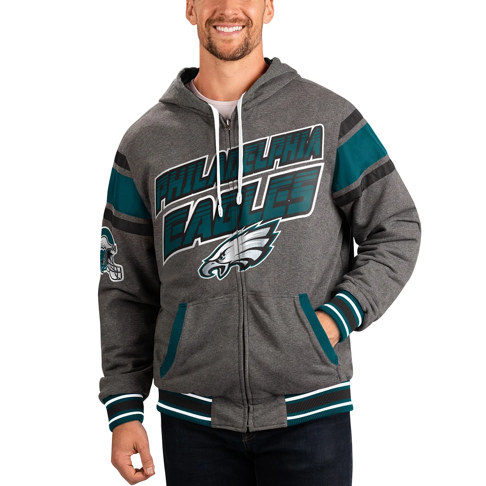 Men's G-III Sports by Carl Banks Gray/Midnight Green Philadelphia Eagles Extreme Full Back Reversible Hoodie Full-Zip Jacket