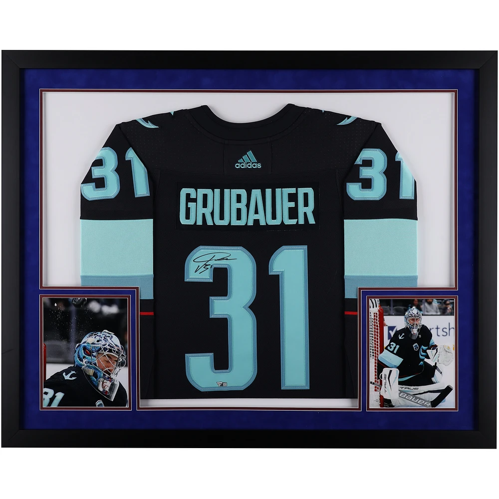 Philipp Grubauer Seattle Kraken Autographed Deluxe Framed Navy Adidas Authentic Jersey
