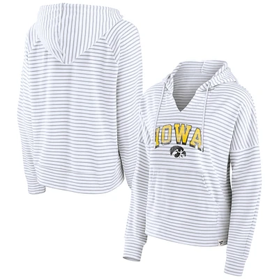 Women's Fanatics White Iowa Hawkeyes Striped Notch Neck Pullover Hoodie
