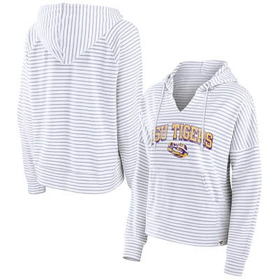 Women's Fanatics White LSU Tigers Striped Notch Neck Pullover Hoodie