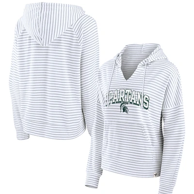 Women's Fanatics White Michigan State Spartans Striped Notch Neck Pullover Hoodie