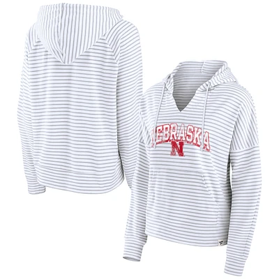 Women's Fanatics White Nebraska Huskers Striped Notch Neck Pullover Hoodie
