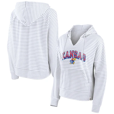 Women's Fanatics White Kansas Jayhawks Striped Notch Neck Pullover Hoodie